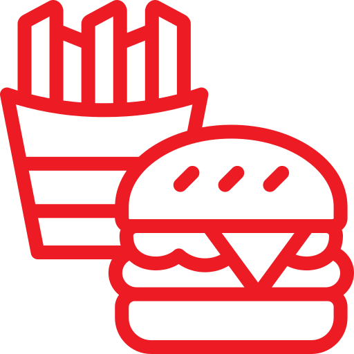A red icon of fries and burgers